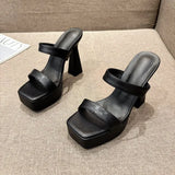 Heel Slippers Women 2025 Summer New Word High Heels Square Head Thick Bottom Cold
