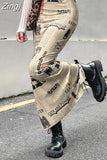 Vintage Newspaper Letter Print High Waist Long Skirt Women Distressed Harajuku Slim Pencil Skirts Aesthetic Y2K