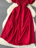 Vintage Women Square Collar Draped Dress Eleagant Puff Short Sleeve High Waist A-Line Knee-Length Robe Female New