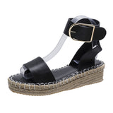 And Summer New Belt Buckle One-Word Slope Sandals Women's Flat Bottom Car Sewing Empty Dew Roman