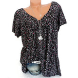 Summer V-neck Digital Printing Loose Short-sleeved Printed T-shirt