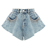 New Station Styling Lotus Leaves Side Hem Wide Legs Denim Shorts Hot Pants Fake Skirts