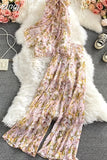 Vacation Beach Women Two Piece Set Elegant Halter Sleeveless Chiffon Tops And High Waist Wide Leg Pants Female New