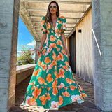 New Ruffle Sleeveless Printed Skirt Ladies V Neck Elegant Long Dress Waist Slimming Temperament