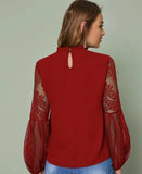 New 褶領透视 Tulle Lace Lantern Sleeve Temperament