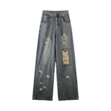 Zingj Ripped Jeans Female 2023 New Plus-Size High Waist Loose Versatile Straight Leg Show Slim Wide-Leg