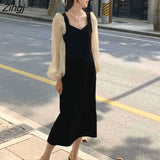 Sleeve Dress Women Chic Elegant Ulzzang Female Casual Patchwork Party Retro Lovely Streetwear Autumn V-neck Mid-calf