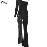Patchwork Diamond Crystal Bodycon Jumpsuits Women One Shoulder Sexy Long Sleeve Flare Jumpsuit Clothes Streetwear