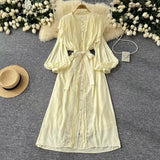 And Autumn New French Retro Hollow Hook Lace Spliced Lantern Sleeve Dress Strapped Waist Temperament