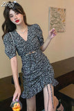 Women Short Puff Sleeves A-line Shirring Mini Design Sexy Holiday V-neck Cozy Vintage Fashion Casual Tunic Brisk