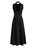 Temperament Famous Wind 2025 Spring New Fashion Nail Bead Decoration Round Collar High Waist Sleeveless Long
