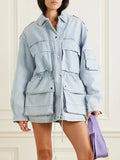 Zingj 2024 New Fashion Multi-Pocket Design Sense Waist Show Thin Long Work Style Denim Coat