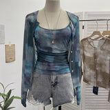 Babes Tie-Dye Net Yarn Sunscreen Cardigan Two Sets Of Sling Vest + Long-Sleeved Shirt Top