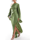 Women's Oblique Shoulder Dress Solidly Exposed Shoulder Repair Fork Horn Sleeve