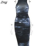 Tie-Dye Print Ruched Christmas Dress For Women Long Sleeve Sexy Bodycon Winter Dress Elastic Pleated Casual Party