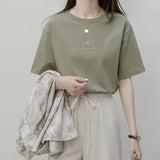 Zingj Sleeve Korean Round Collar T-Shirt Female 2024 Summer Loose Plant Print Casual Solid Color Student Half Sleeve Top