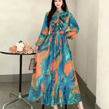 Retro Elegant Dress Women's Summer New Sweet Wooden Ear Splicing Long Sleeves Waist-Print