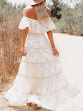 Dress Women White Slash Neck Dress Summer Butterfly Sleeve Lace Stitching Long Sundress Boho Hollow Out Vestido