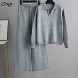 Knitted 2 Pieces Set Women Loose Oversize Tracksuits Turn-down Collar Sweater Pullover +High Waist Wide Leg Pants