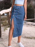 Side Slit Buttoned Denim Midi Skir- Outfit