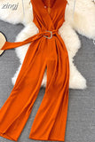 Vintage V-Neck Sleeveless High Waist Jumpsuits Women Elegant Loose Wide Leg Romper With Sashes Female Playsuits New