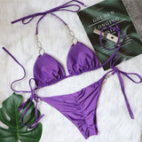 Zingj 2023 New Sexy Metal Accessories Rhinestone Women's Split Swimsuit Plain Strap