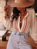 Ethnic Embroidered Long-Sleeved Holiday Shirt Lantern Sleeve New Women's Top Women's Spring