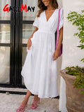 Women's Dress 2023 White Puff Sleeve A-line Deep V Neck Dress Sexy Beige Casual Long Vintage Elegant Black Midi