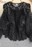 Vintage Red/White/Pink Hollow Out Lace Blouse Women Elegant Lantern Long Sleeve Single Breasted Tops Female Blusas