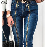 Autumn Fashion O-Ring Zipper Decor Skinny Jeans Dark Blue Long Trousers Denim Pants Casual Streetwear Womens Clothes