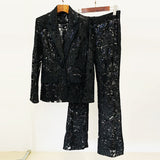 Fashion New Mesh Heavy Industry Embroidery Blazer Trousers Set Two-Piece