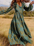 for Women 2025 Spring Summer New Rayon Print Dress Long Sleeve Slim Fit Big Swing Long Dress Oversized Bridesmaid Dress 211-1-Outfit