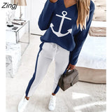 Women Fashion Elegant Casual Boat Anchor Print Long Sleeve Top & Drawstring Waist Pants Set Spring