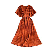 Zingj Temperament Fashion V Collar Fly Sleeve Dress Simple Pure Color Waist Belt Pleated Long