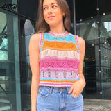 Women Sweater Vest Lovely Crop Summer Knitted Thin Breathable Hollow Out Fashion Colorful Striped Students Femme Cozy