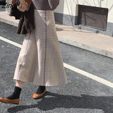 Plaid Wool Tweed Skirt Women Elegant Korean Style High Breasted Skirt Autumn Winter Streetwear Warm A-line Midi