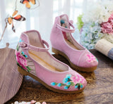 Zingj Shoes, Single Shoes, Peony Folding Fan Ancient Wind Embroidered Cloth Shoes, A Word Buckle Retro Slope Heel