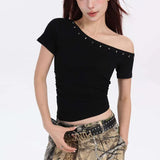 New Black Korean Version Of Irregular Slanted Shoulder Short-Sleeved T-Shirt Girls Summer Design Feel Hottie Repair
