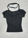 Pure Desire Girl Age Reduction Irregular Lace Splicing Short-Sleeved T-Shirt Design Bubble Sleeve Repair