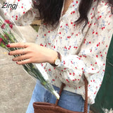 Women Elegant Floral Ulzzang V-neck Chic Autumn Ladies Clothes Top Long Sleeve Lovely Simple Sweet Popular Womens
