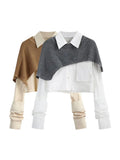 Fashion Women Two Pieces Sets Long Sleeve Short Blouse Shirt + Solid Knitted Pullover Crop Shawl Sweater Female