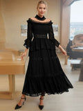 French Classical Wind Waist Thin Collar Dress 2025 New Splicing Lotus Edge Mesh Yarn Long Dress