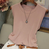 Women's Wide Shoulder Strap Elegant Women Tank O Neck Thin Sleeveless Ice Silk Knitted Vest Slim Women's Clothing