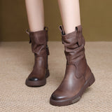 Layer Kraft Mid-Sleet Boots Women Autumn And Winter New Flat Bottom Comfortable Side Zipper Martin Boots Retro Style Horse