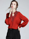 V Neck Shirts Long Sleeve Embroidery Blouse Women Hollow Out Tops Spring 2023 Office Lady Solid Loose Clothes New