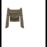 New Shoulder Long-Sleeved Mesh T-Shirt Girl Autumn Sweet Hottie Sexy Short-Term Perspective
