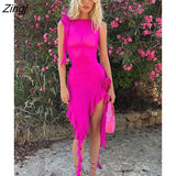 Tulle Flower Asymmetrical RUFFLES O-Neck Tank Mini Dress Women Mesh See Through Sexy Wrap Dress Elegant Slim