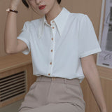 Women's Shirts Summer Pointed Neck Shirt Fashion Silk White Shirt Short Sleeve Blouse Womens Tops Elegant Female