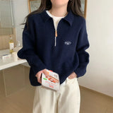 Zingj Polo Collar Half Zipper Design Jumsweater Top Women's Loose Jacket Embroidered Letters Thick Sweater-Outfit