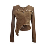 Feel Niche Cowboy Splicing Long-Sleeved Mesh T-Shirt Girl Summer Round Collar Dress Short Top